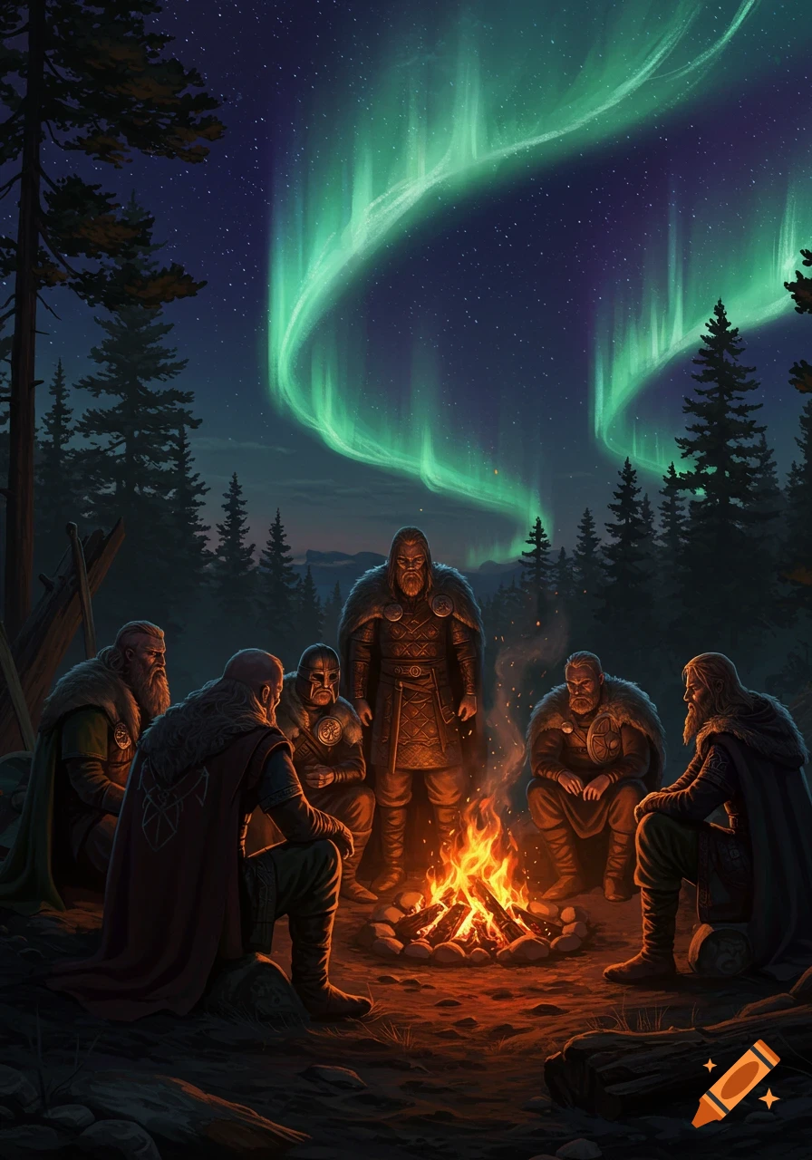 A group of Norsemen sit around a campfire under a vibrant green aurora borealis in a dark forest.