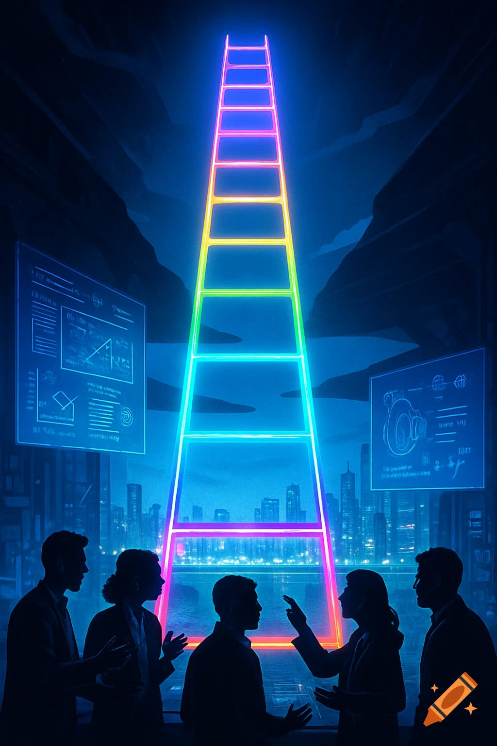 Silhouetted people in a dark room look up at a glowing, multi-colored neon ladder, with holographic screens on either side displaying data over a city skyline.