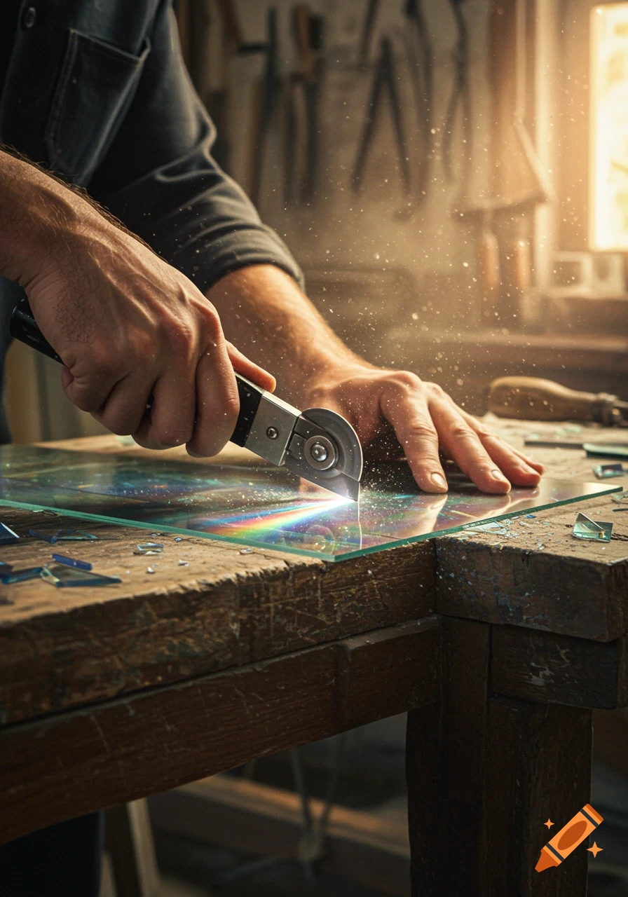 Close-up of hands cutting a sheet of glass on a wooden workbench, with light reflections and dust.