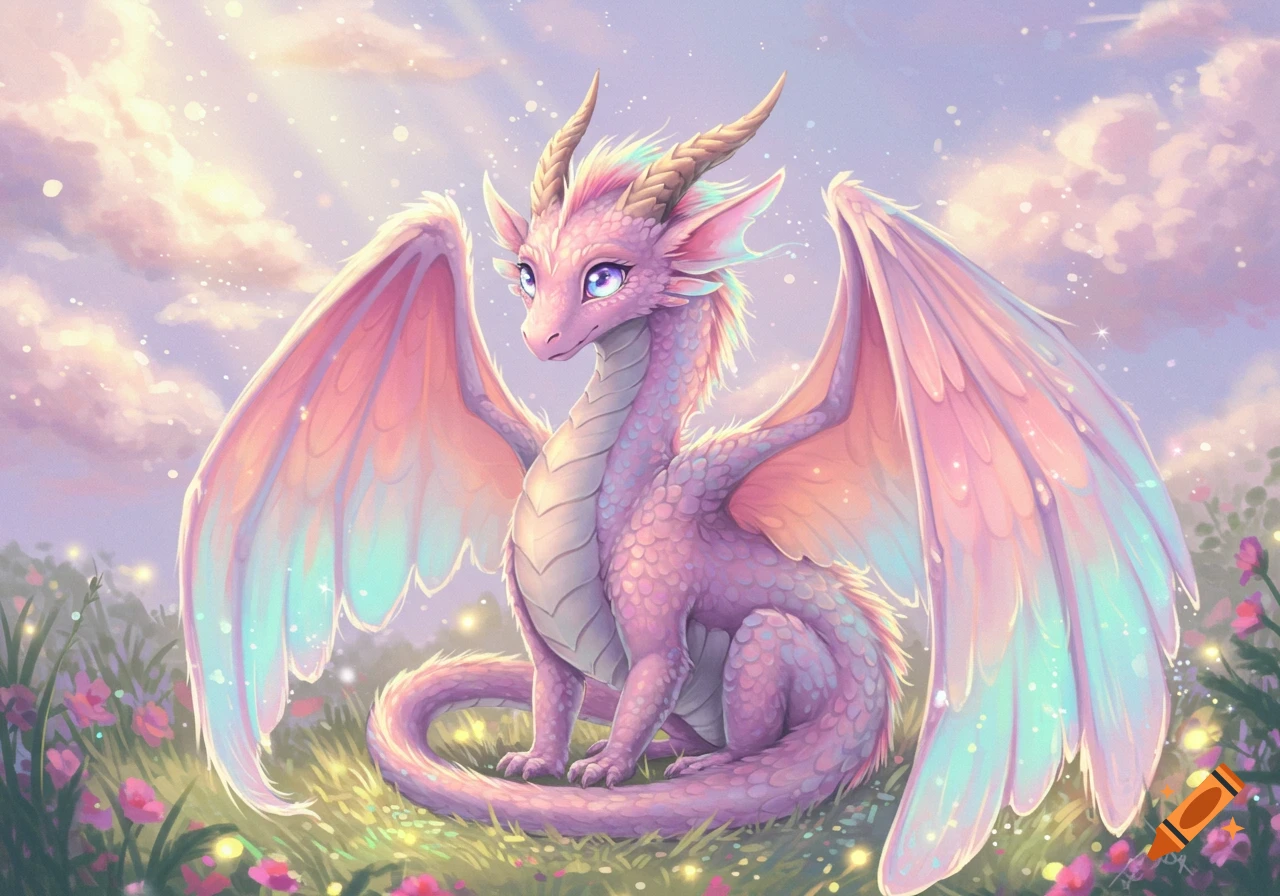 A cute, fluffy pink and purple dragon with iridescent wings and blue eyes sits in a field of flowers under a bright, sunny sky.