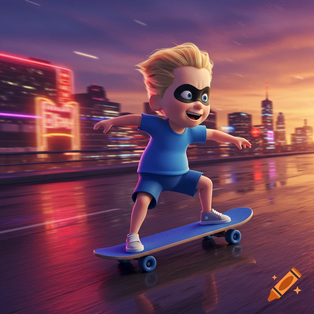 Dash from The Incredibles, a young animated boy with blonde hair and a black mask, skateboards on a city street at sunset.