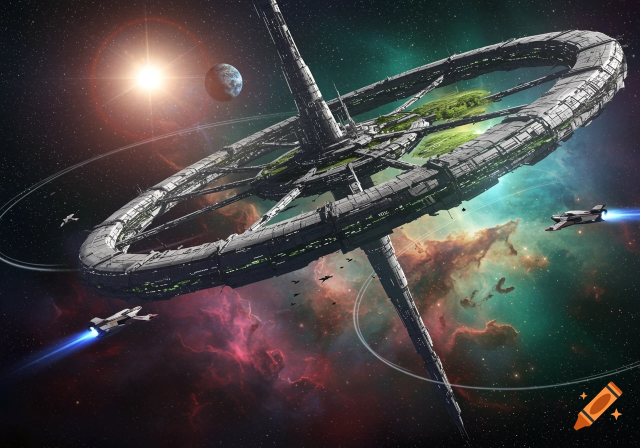 A large ring-shaped space station with green habitats inside, orbiting a planet under a bright sun with spaceships flying around, against a colorful nebula and starry background.