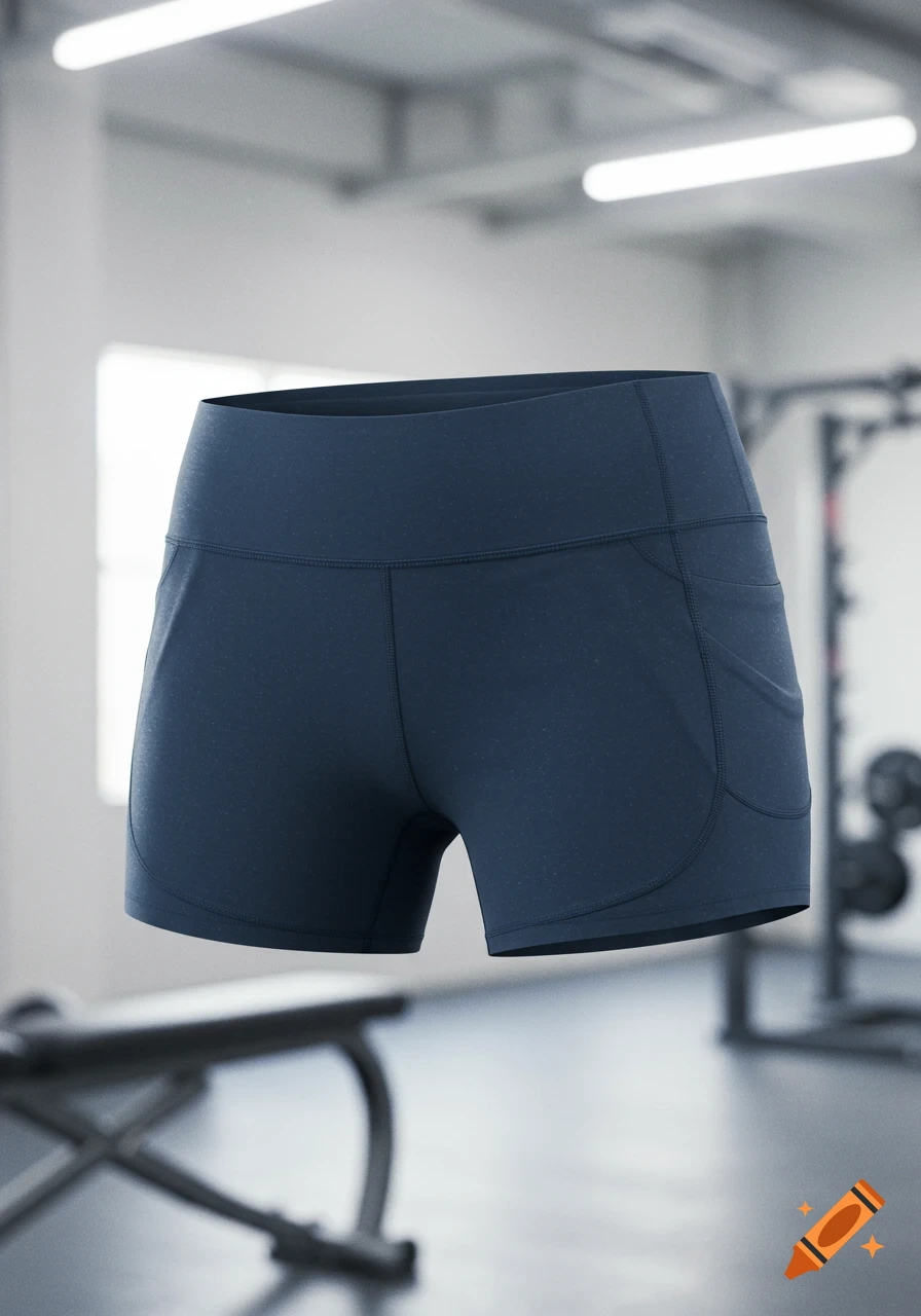 A pair of dark blue athletic shorts with side pockets, floating in a blurred gym background.