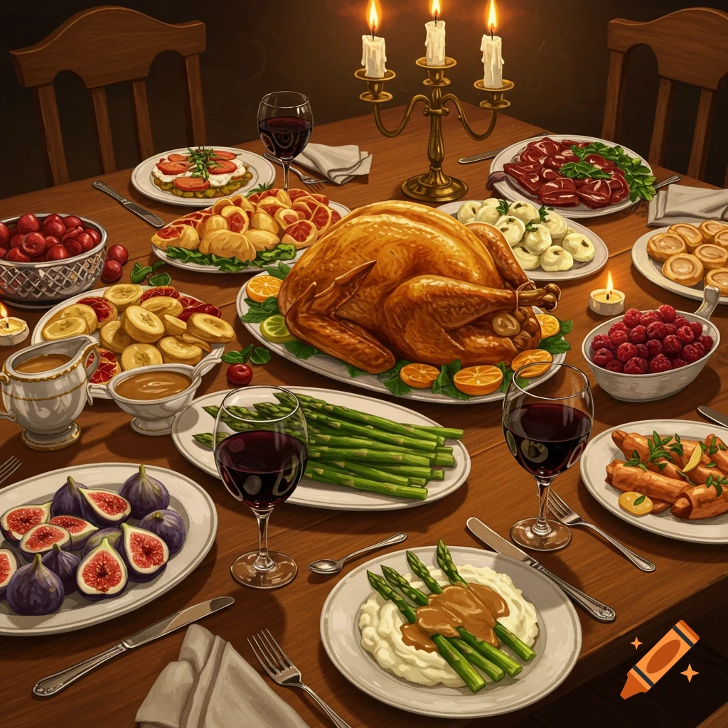 A close-up view of a lavish, ornate wooden dining table set for a holiday feast, featuring a golden roasted turkey, various side dishes like figs, asparagus, cranberries, and mashed potatoes, with wine glasses and flickering candles providing a warm glow.