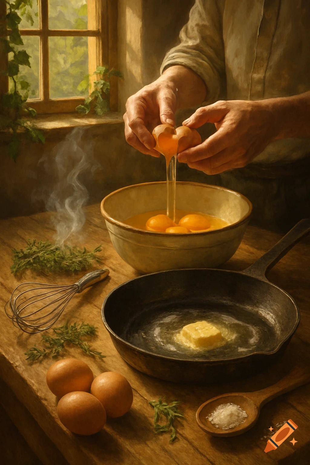 Close-up, painterly style image of hands cracking an egg into a bowl on a rustic kitchen counter, with a frying pan, butter, and other ingredients.