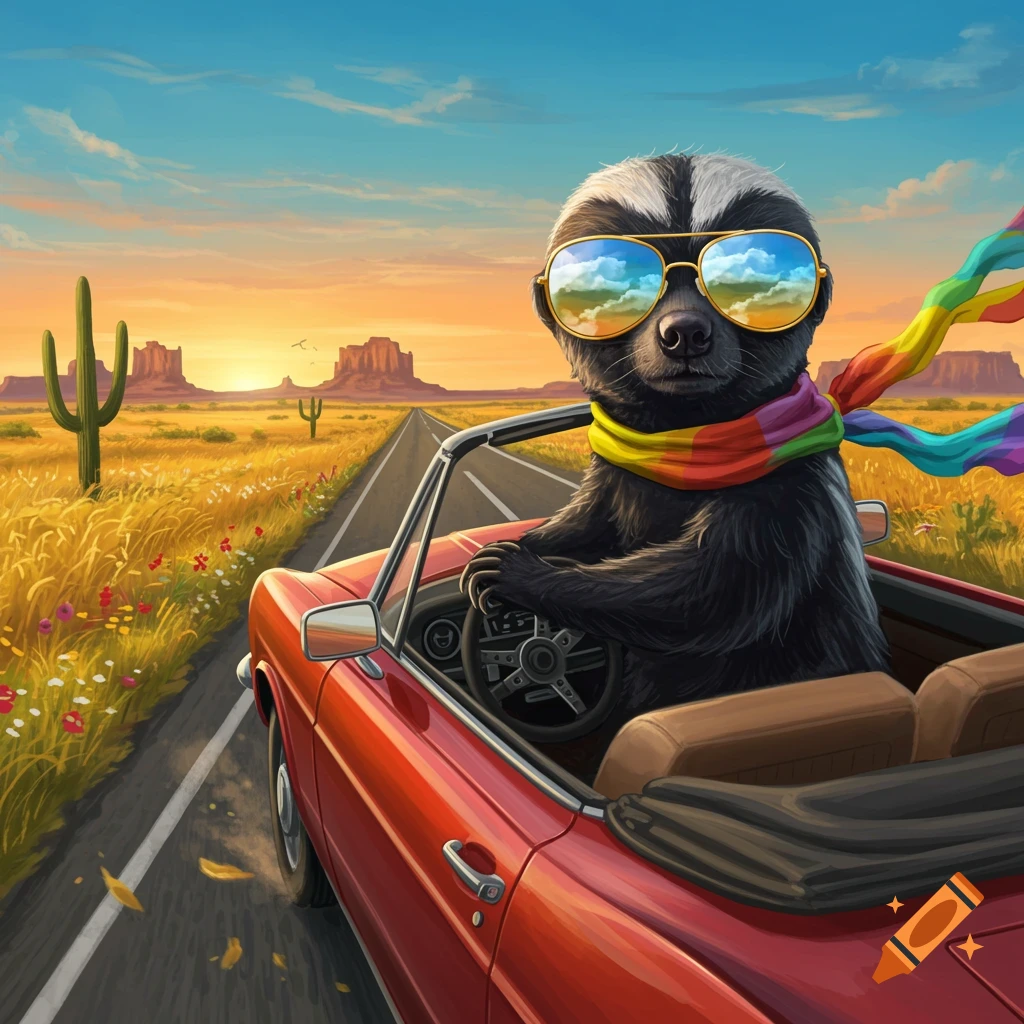 An illustrated honey badger wearing sunglasses and a rainbow scarf drives a red convertible down a desert road with cacti and mountains at sunset.