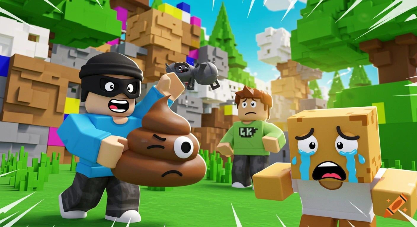 A masked character holds a winking poop while a crying block character watches in a Roblox-style scene.