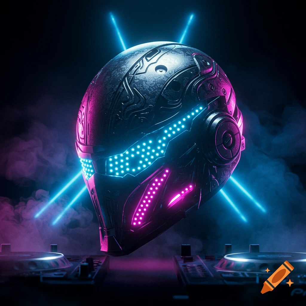 A futuristic, metallic DJ helmet with glowing blue and pink lights hovers above DJ turntables, surrounded by smoke and neon blue beams.