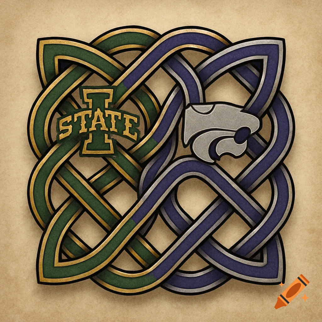 A Celtic knot design featuring intertwined green and gold elements with an 'I-STATE' logo and purple and silver elements with a wildcat head.