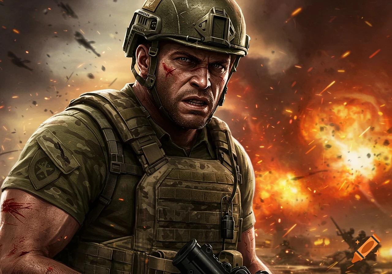 A grizzled soldier with blood on his face and arm, wearing camouflage and a helmet, looks intense amidst explosions on a battlefield.