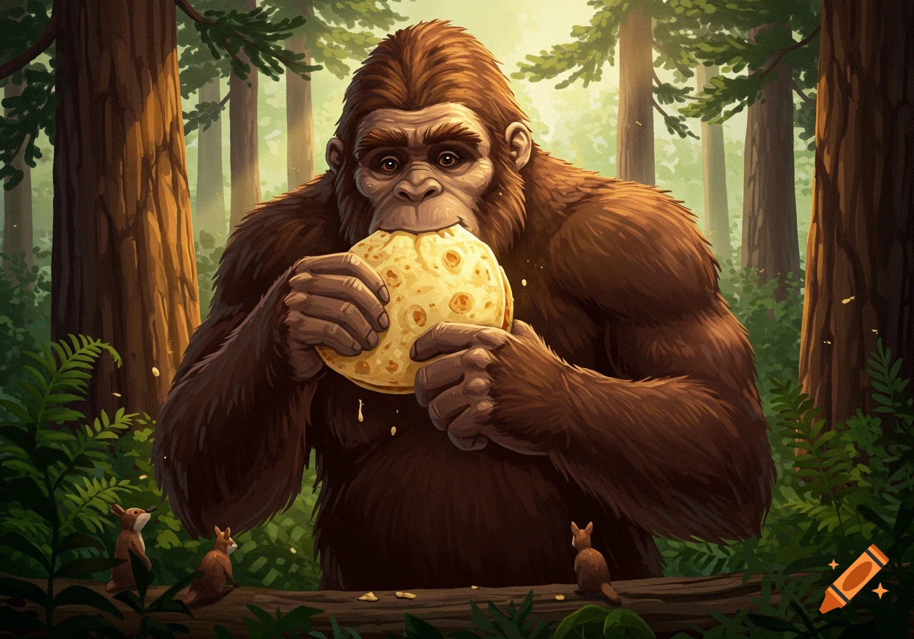 A large, furry Bigfoot sits in a sunlit forest, eating a round tortilla as two small creatures watch from a log.