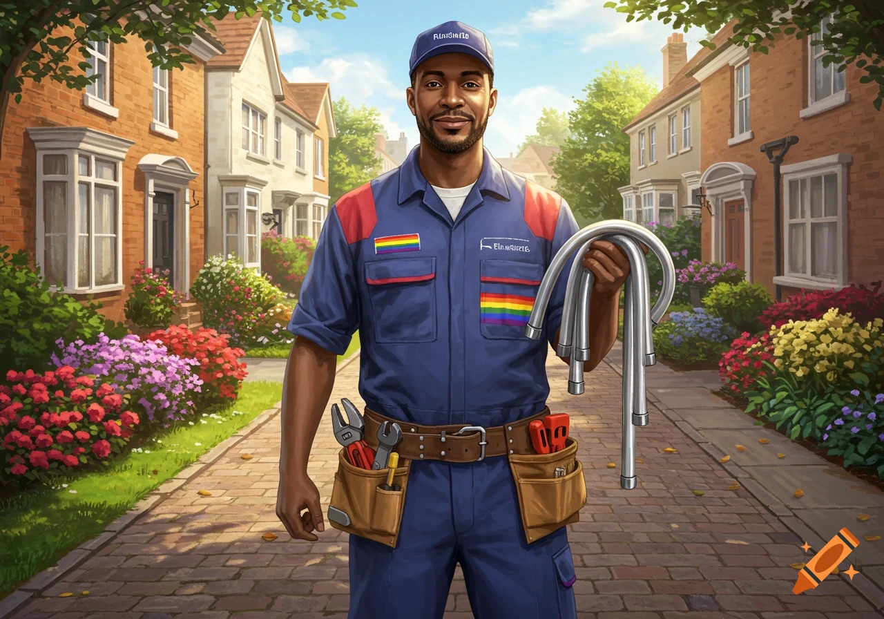 A smiling Black man, dressed as a plumber in a blue uniform with rainbow patches, holds silver pipes on a brick path in front of houses with blooming gardens in a photorealistic style.