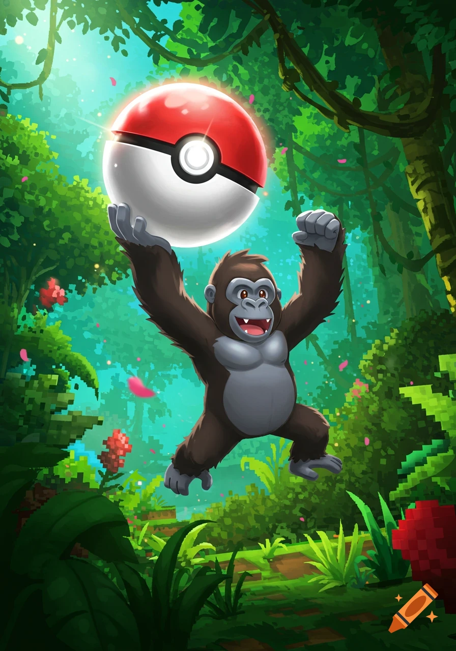A happy cartoon gorilla jumps, holding a large red and white Pokeball above its head in a vibrant, stylized jungle.