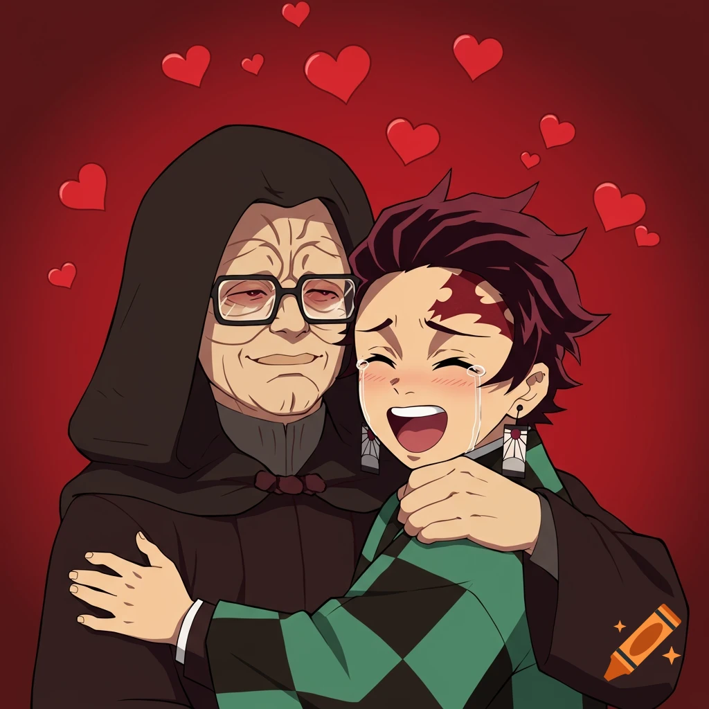 An anime-style illustration of Emperor Palpatine wearing glasses and Tanjiro Kamado, both crying happy tears while hugging, against a red background with floating hearts.