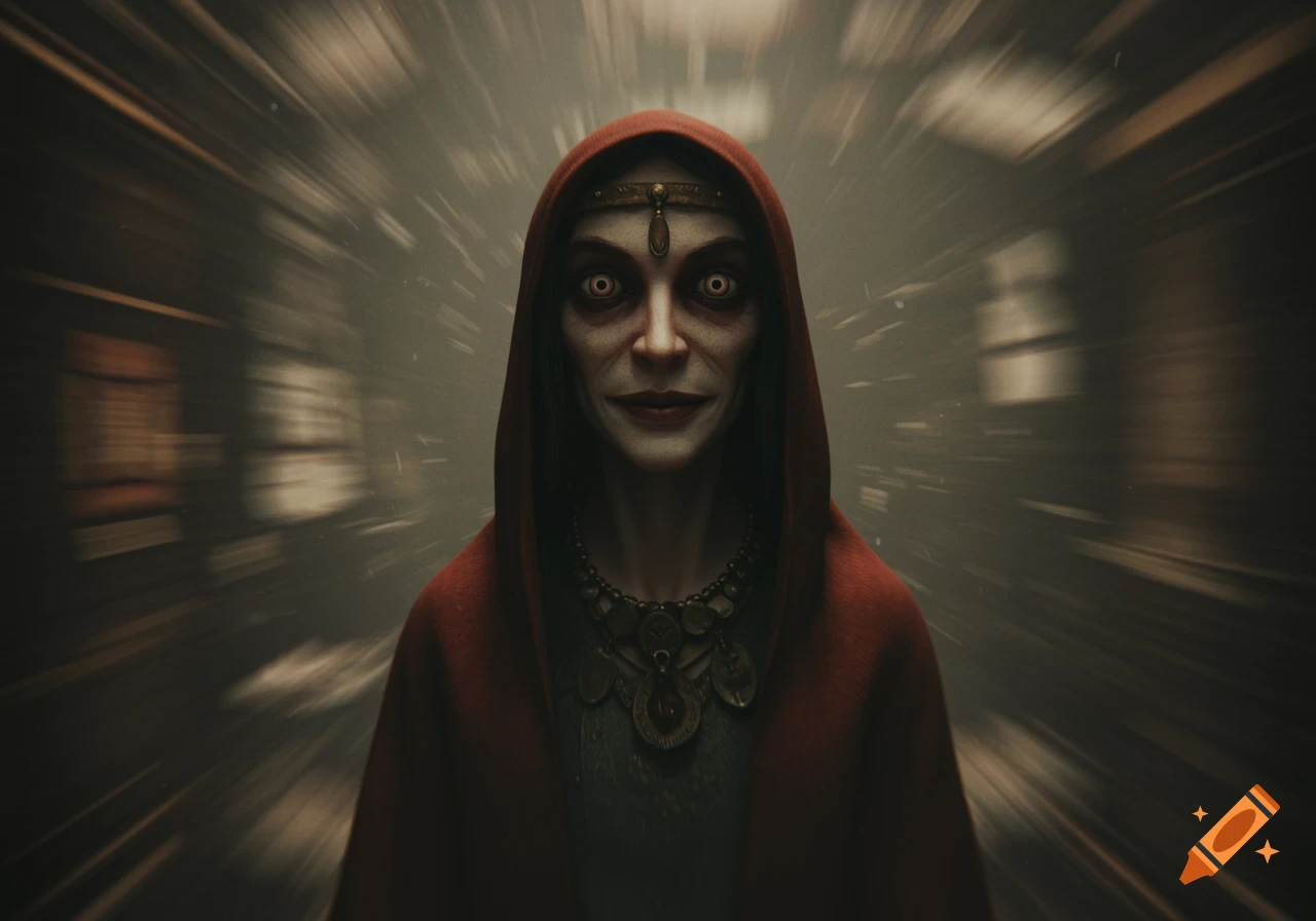 A close-up of a creepy fortune teller in a red hood with pale skin and wide, white eyes, looking directly forward with a blurred background suggesting motion.