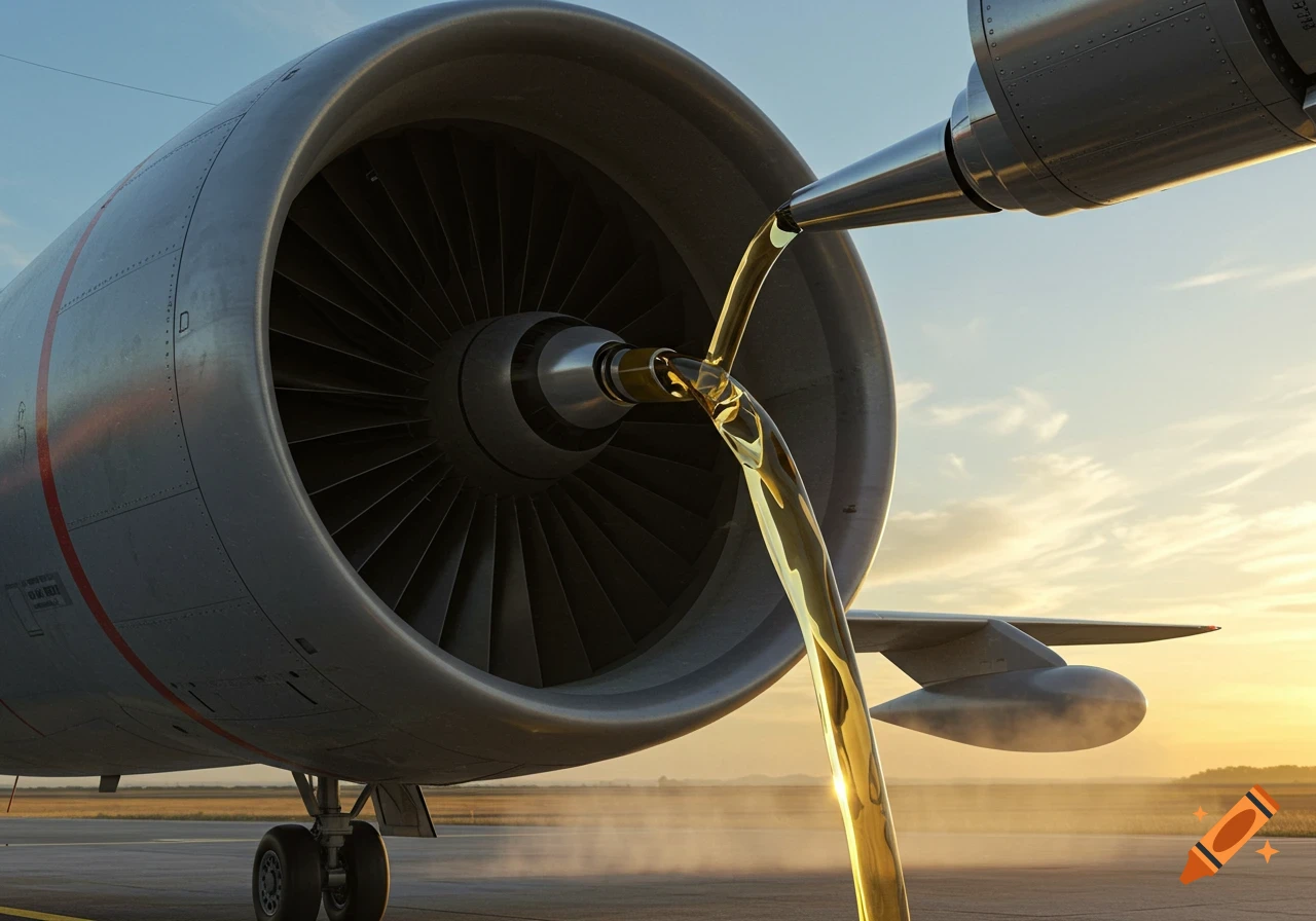 A close-up shot of an airplane engine with jet fuel pouring into it from a nozzle at sunset on an airfield.