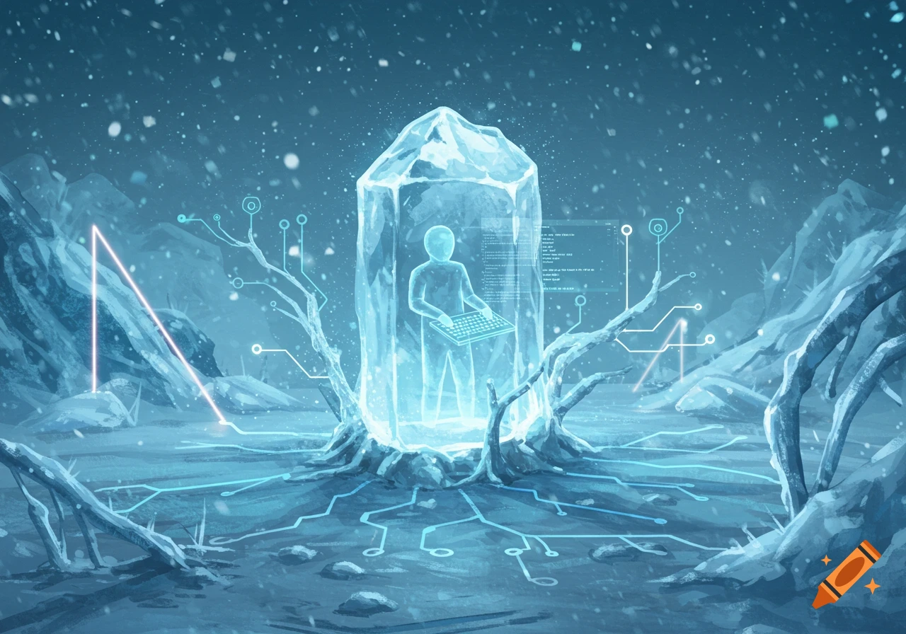 A glowing, translucent figure stands inside a large ice crystal, surrounded by circuit-like roots and digital screens in a snowy, desolate landscape.