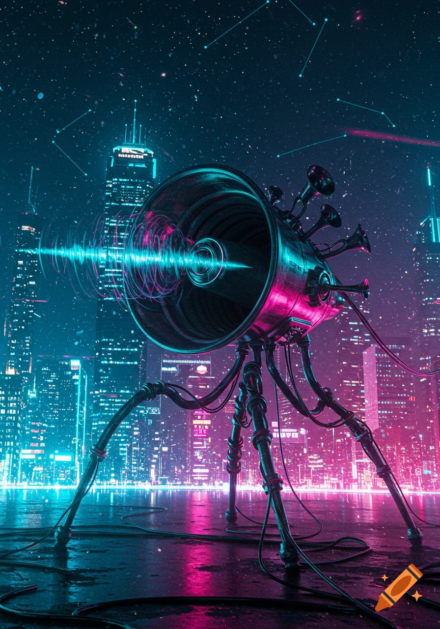 A giant, robotic megaphone-like creature with multiple horns stands in a neon-lit futuristic city with sound waves emanating from its main speaker.