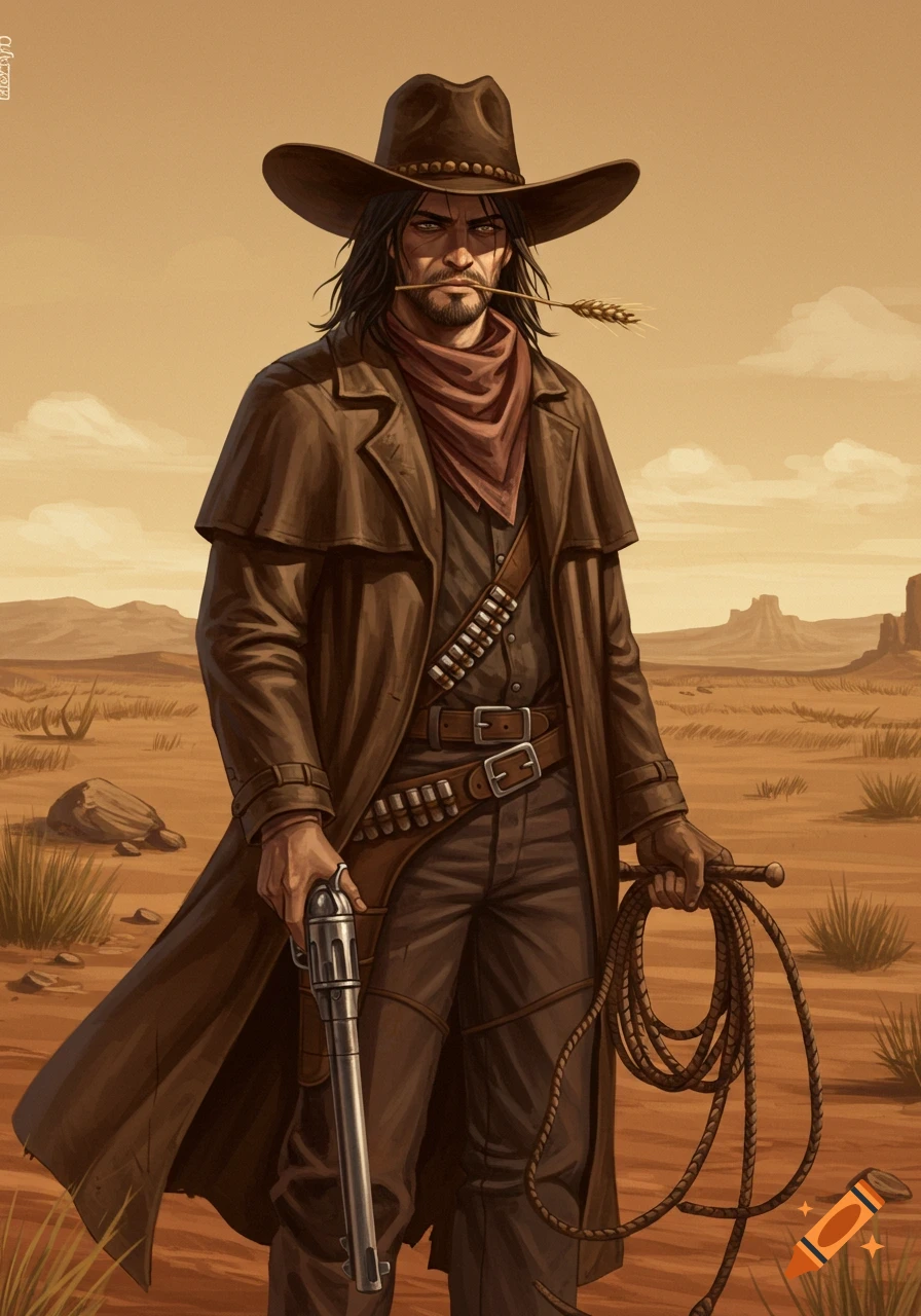 An illustration of a long-haired cowboy in a duster coat, holding a revolver and a whip, with wheat in his mouth, in a desert.