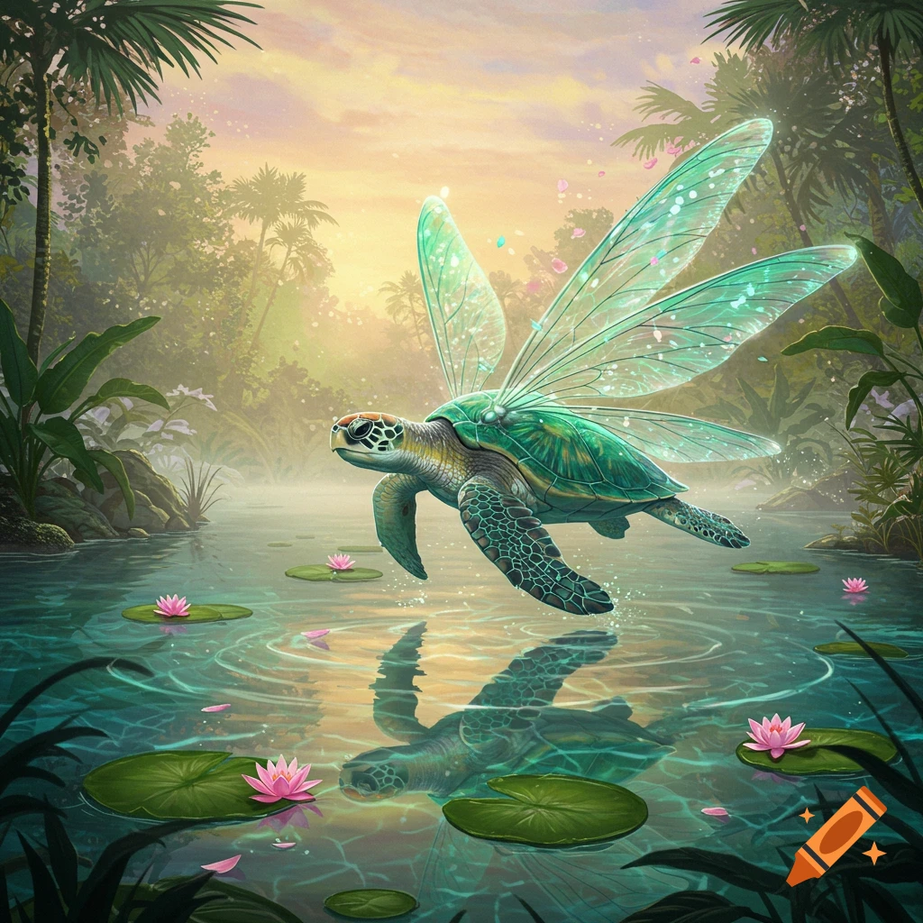 A vibrant green turtle with large, glowing teal wings hovers over a water lily pond in a lush jungle.