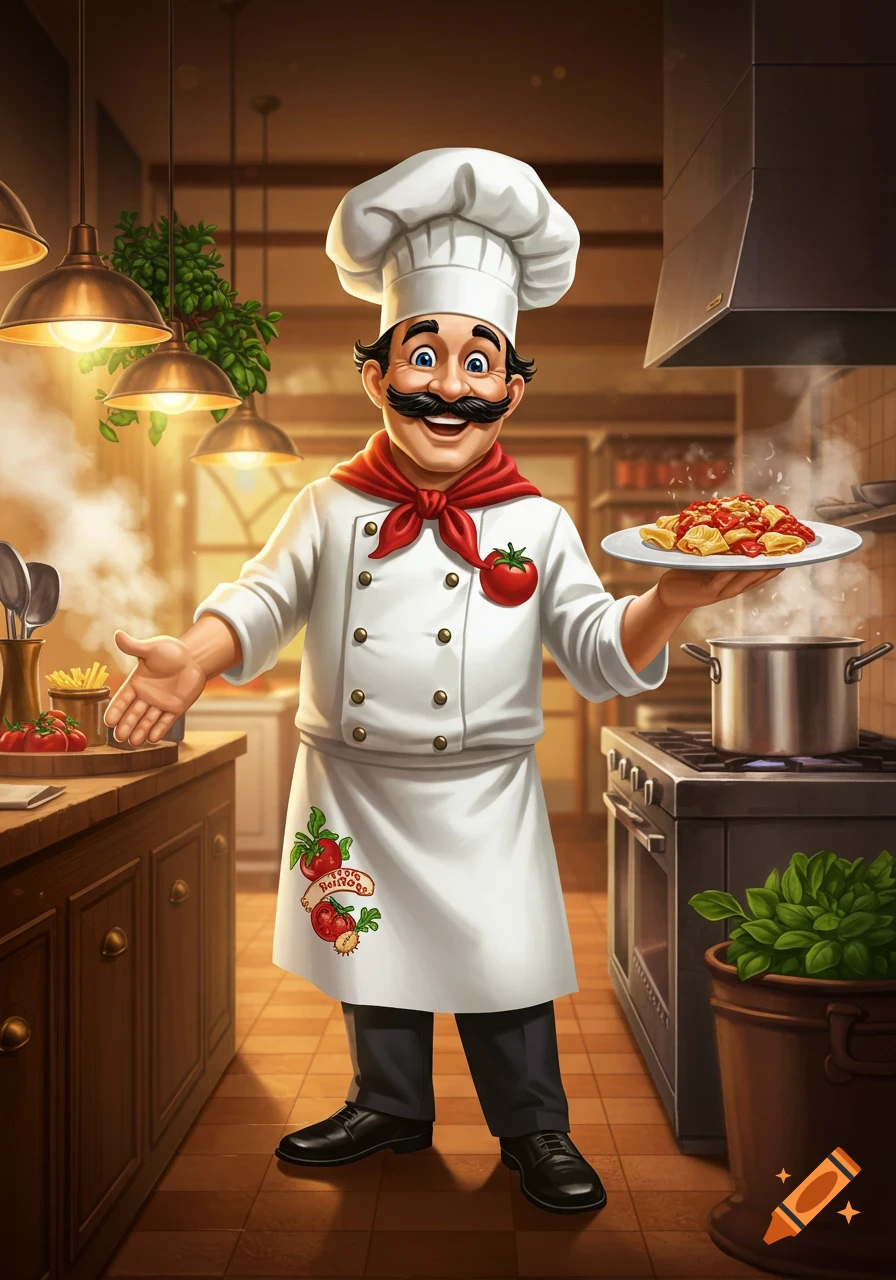 A smiling cartoon chef with a mustache holds a plate of pasta in a kitchen.