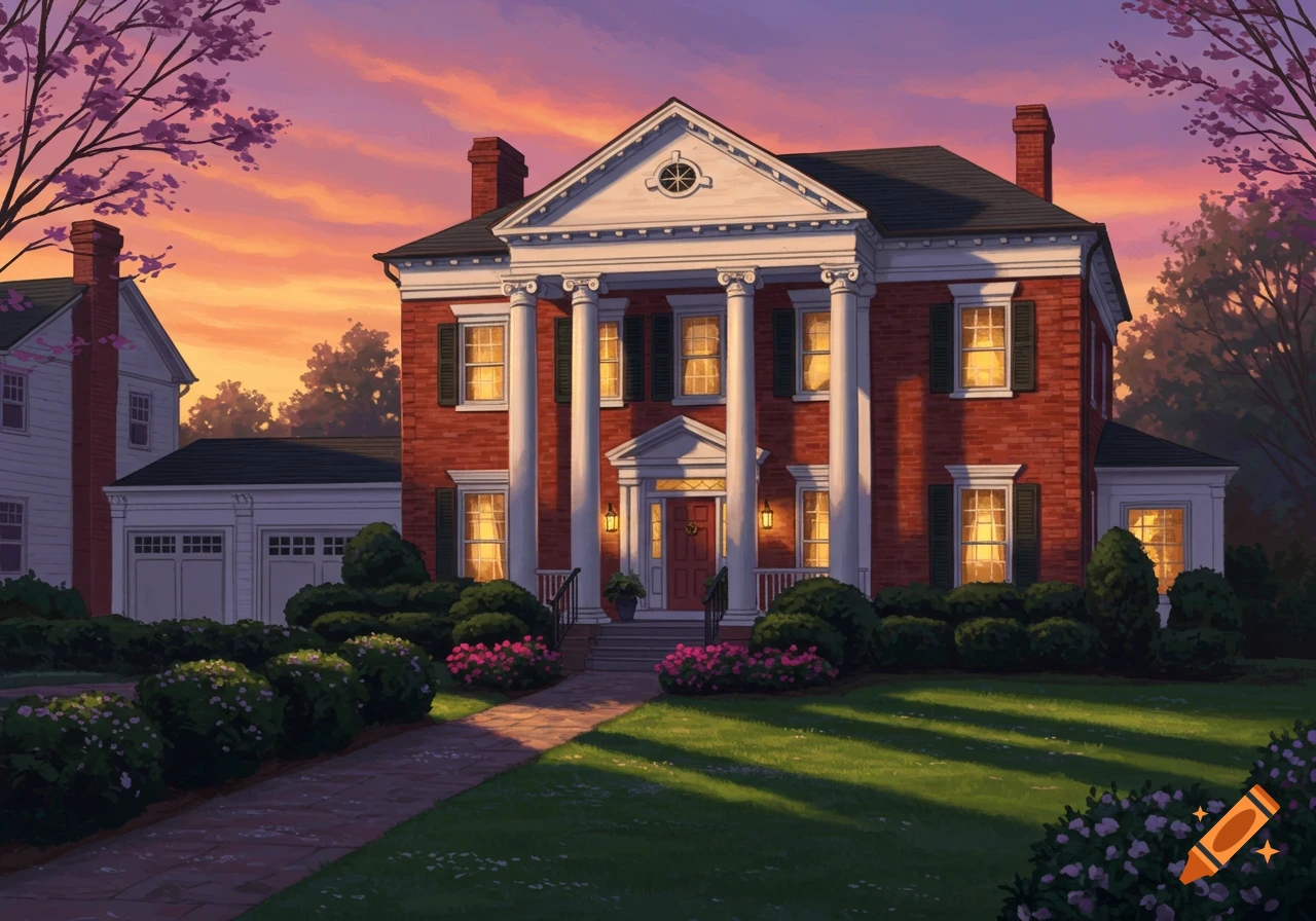 An illustrated red brick house with white columns and a front porch at sunset, with warm light glowing from the windows.