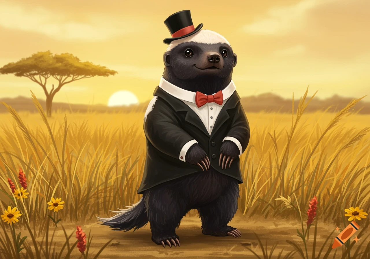A cute honey badger wearing a black tuxedo and a top hat stands in a golden field during sunset.