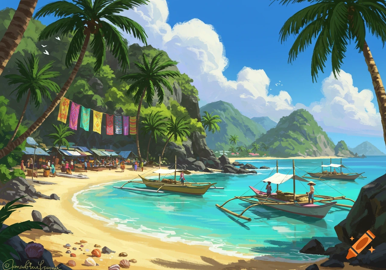A vibrant, stylized illustration of a tropical beach market with people, stalls, boats in turquoise water, and lush mountains under a blue sky.