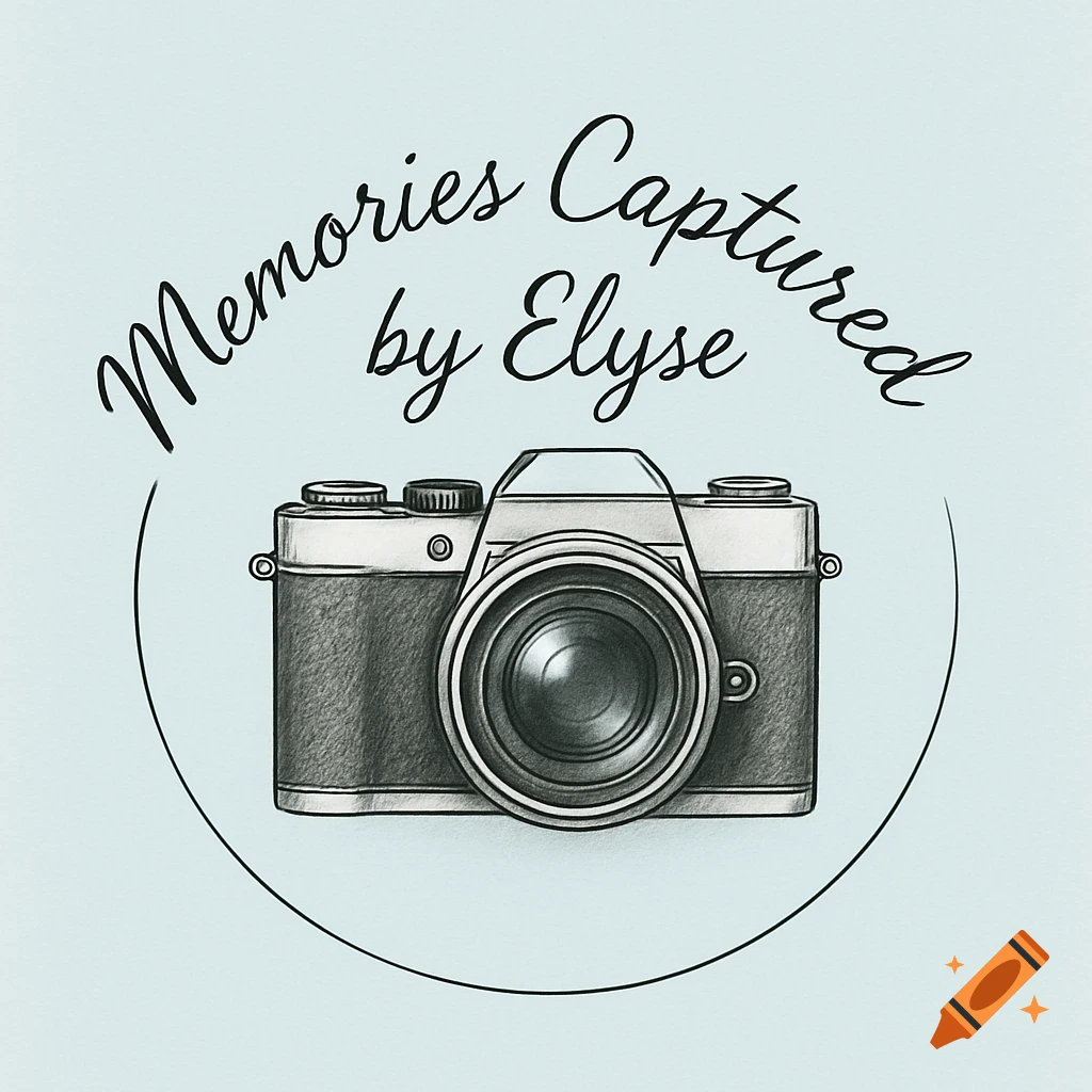 A hand-drawn illustration of a vintage camera logo with the words 'Memories Captured by Elyse' in cursive script, on a light blue background.