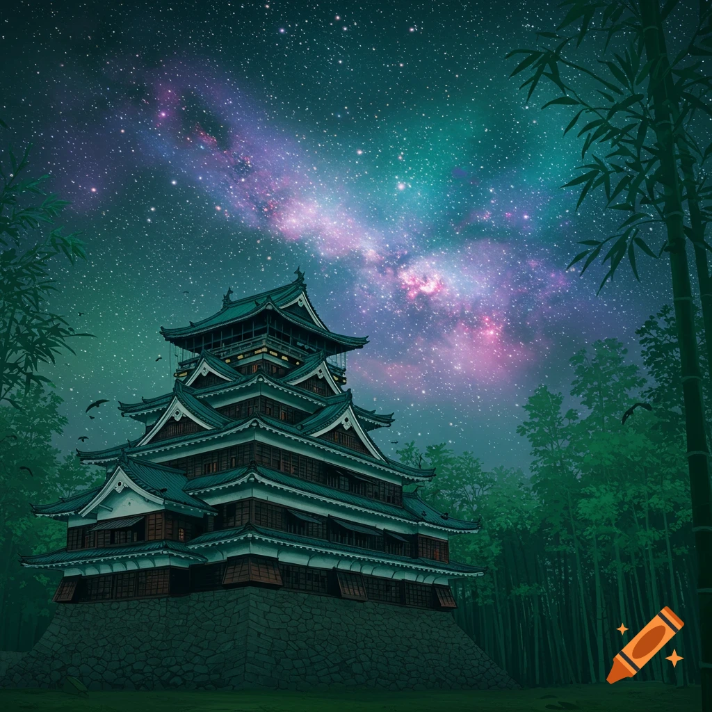 An anime-style Japanese castle stands tall amidst bamboo forests under a vibrant, star-filled galaxy sky.