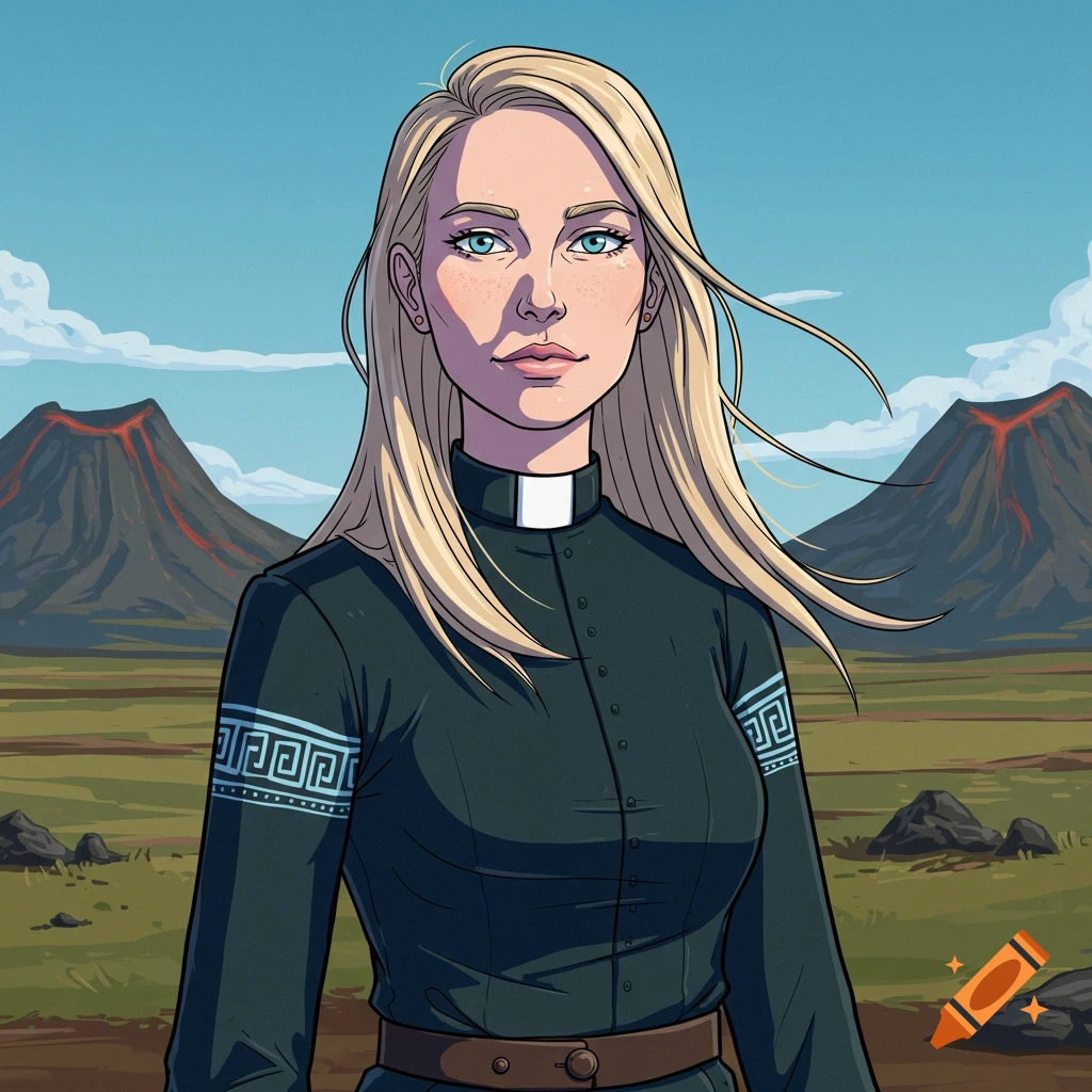 A cartoon portrait of a blonde woman wearing a dark clerical shirt, standing in a landscape with two volcanoes under a blue sky.