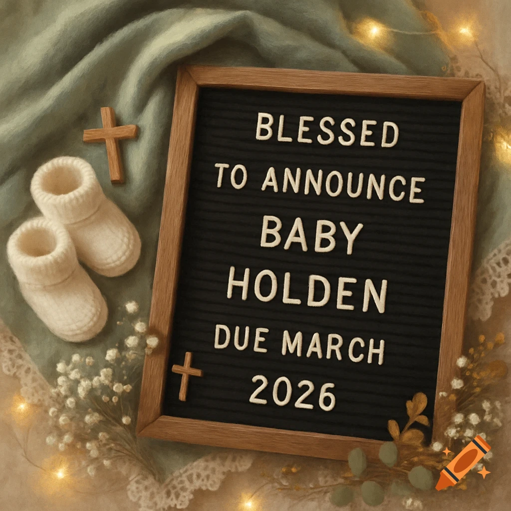 Photorealistic baby announcement flat lay with a letter board, white booties, wooden crosses, and fairy lights on a sage green blanket.