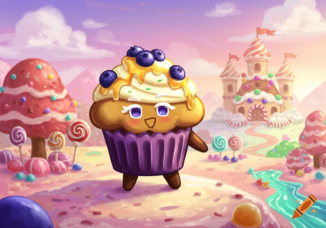 A cheerful anthropomorphic cupcake with blueberries and caramel walks through a vibrant candy land with a castle and lollipop trees, in a cartoon style.