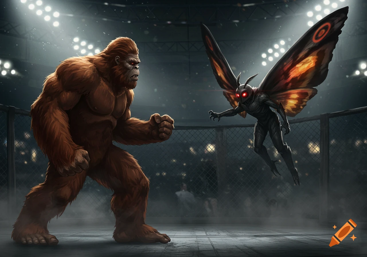 Bigfoot and Mothman face off in a dramatic cage fighting arena under bright spotlights.