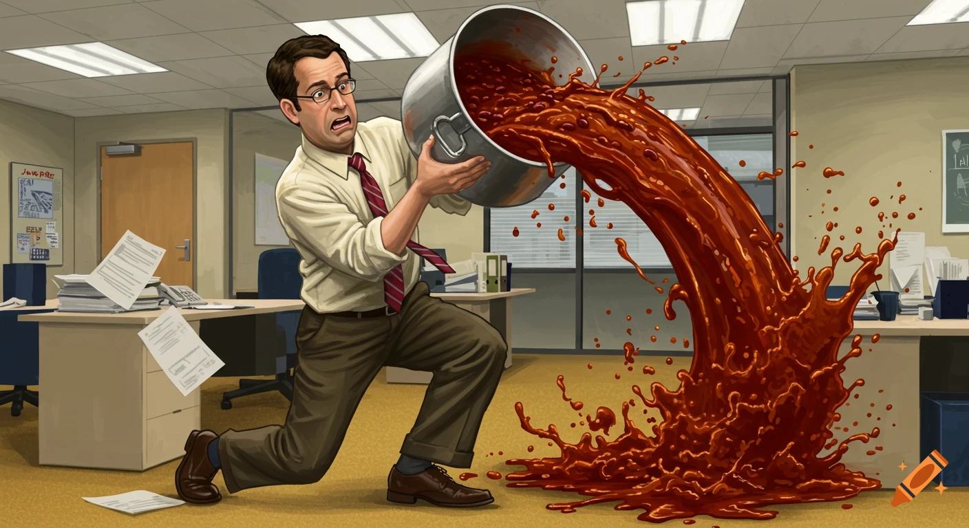 A man in an office, resembling Kevin Malone, spills a giant pot of chili all over the floor in an illustrated style.