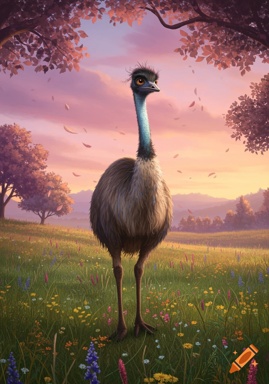An emu stands in a vibrant green field with colorful wildflowers at sunset, under a sky with pink and purple hues and scattered autumn leaves.