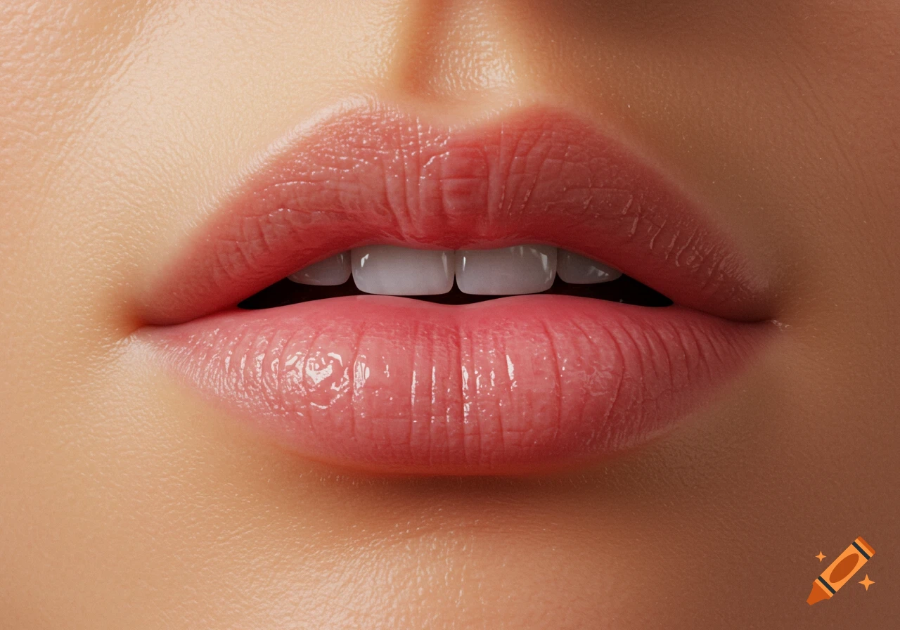 Close-up of glossy pink lips revealing white teeth.