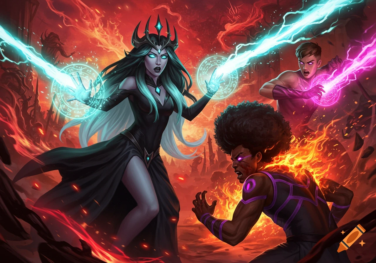 A dark queen casts blue magic at two men amidst a fiery, red landscape, one engulfed in flames, the other casting pink magic in a dynamic fantasy art style.