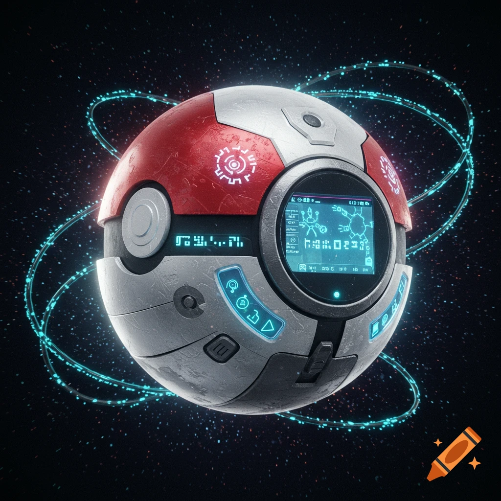 A futuristic, metallic Pokeball-like device with red and silver casing, glowing blue screens displaying data, and blue energy rings, against a starry space background.