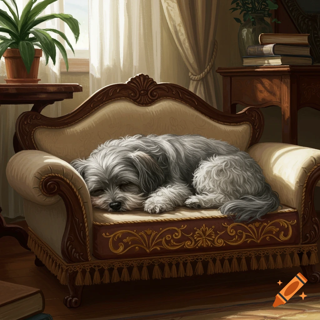 A fluffy grey dog sleeps peacefully on an ornate, antique-style dog sofa in a sunlit room.