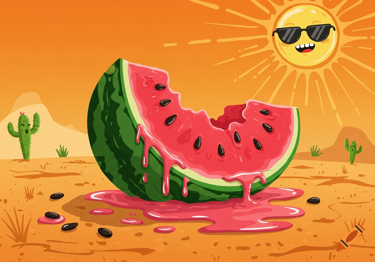 Cartoon illustration of a melting watermelon in a hot desert, with a smiling sun wearing sunglasses.