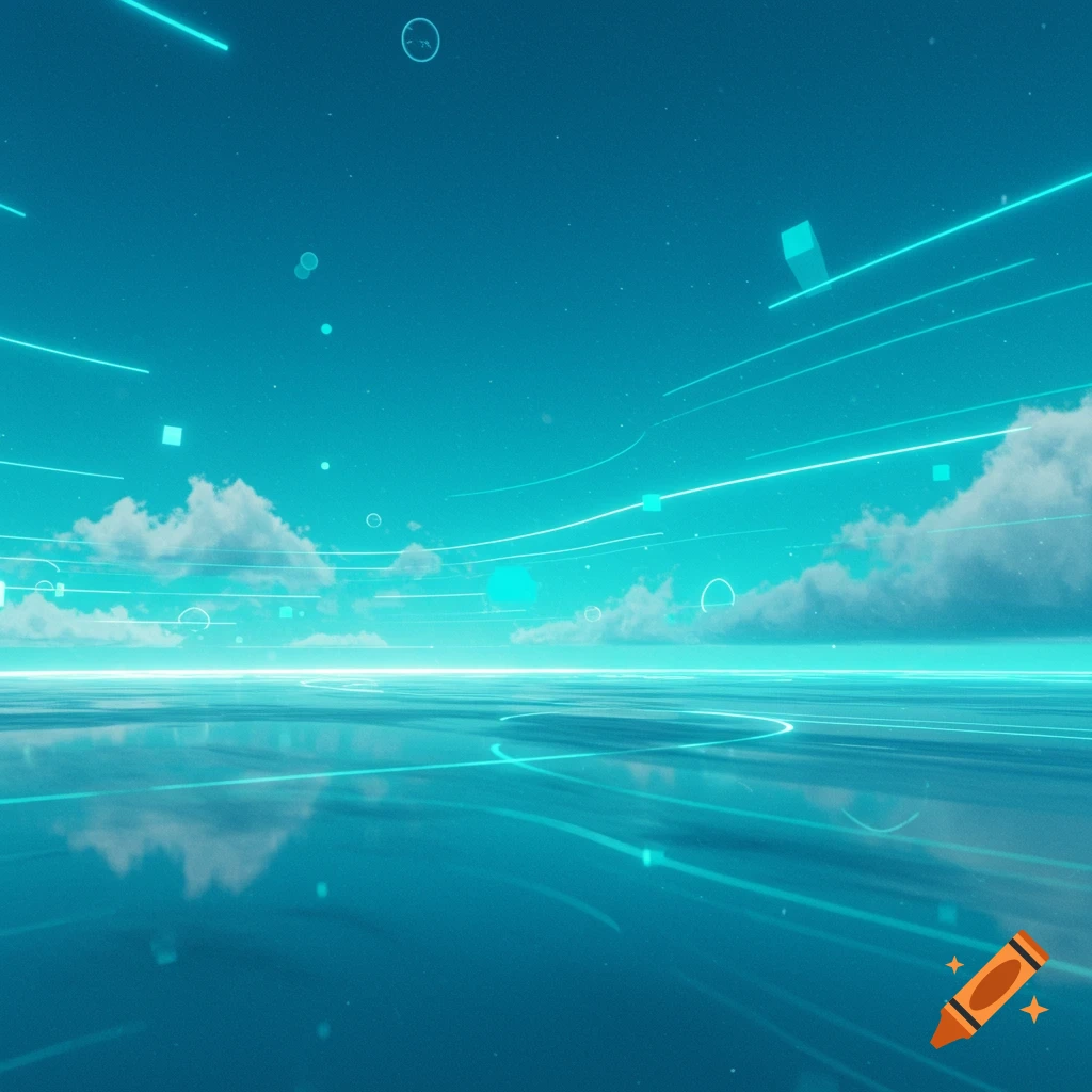 A vibrant teal digital landscape with reflective surfaces, glowing lines, cubes, and scattered clouds, in the Frutiger Aero style.