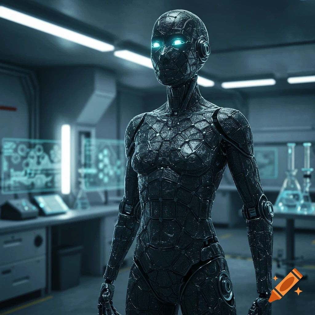 A photorealistic black graphene humanoid robot with glowing blue eyes stands in a futuristic science laboratory with holographic displays.