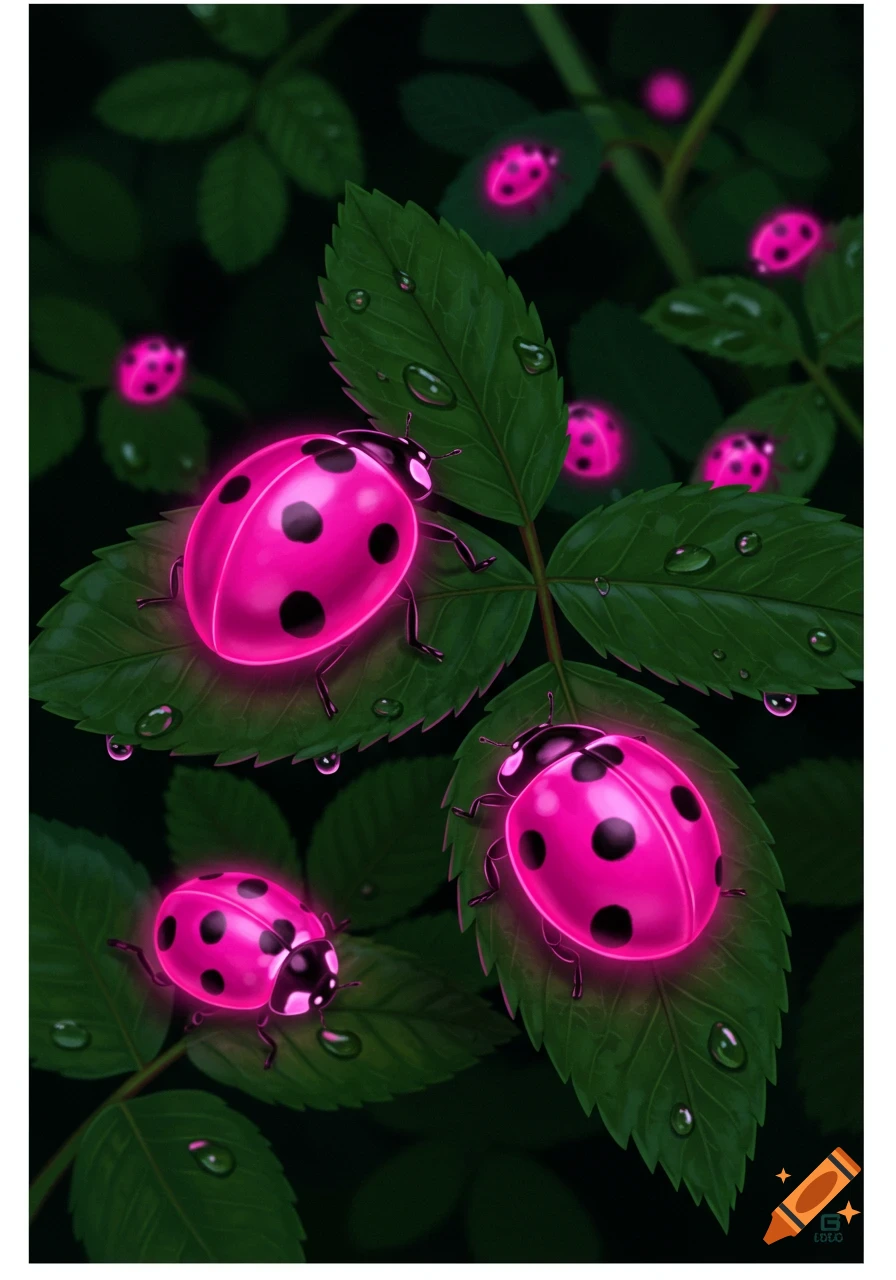 Vibrant illustration of glowing neon pink ladybugs with black spots resting on dark green leaves with water droplets.