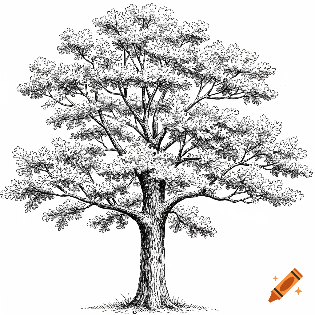 Black and white botanical sketch of an oak tree with detailed leaves and trunk.