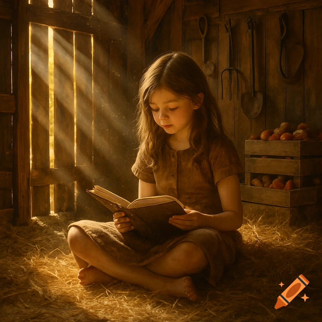 Photorealistic image of a young girl reading an old book while sitting on hay in a rustic barn, bathed in golden light.