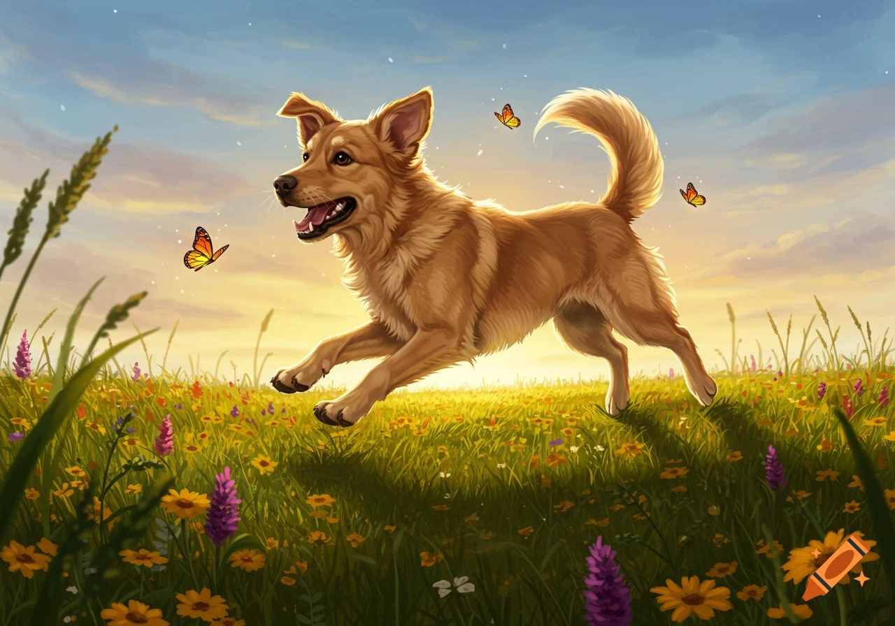 A happy golden-brown dog runs through a field of colorful wildflowers with butterflies under a sunny sky, in a digital art style.