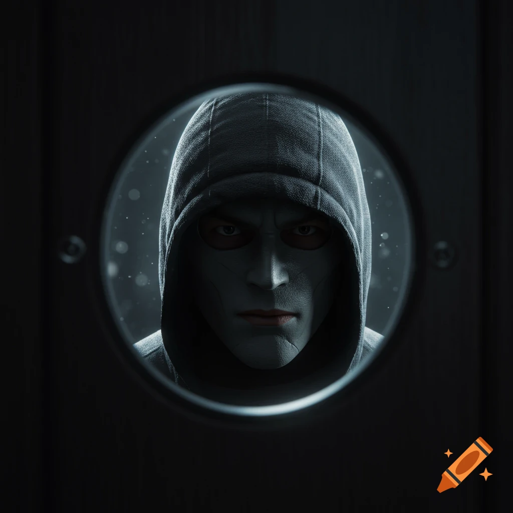 A close-up, photorealistic view of a mysterious masked figure in a dark hood, seen through a circular peephole.