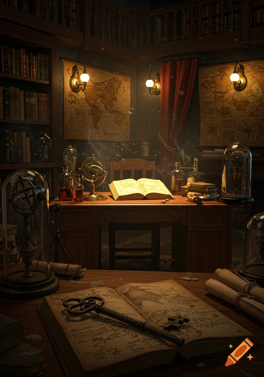 A dimly lit vintage study or library room featuring antique maps, an open book with a key, and various curiosities on a wooden desk.