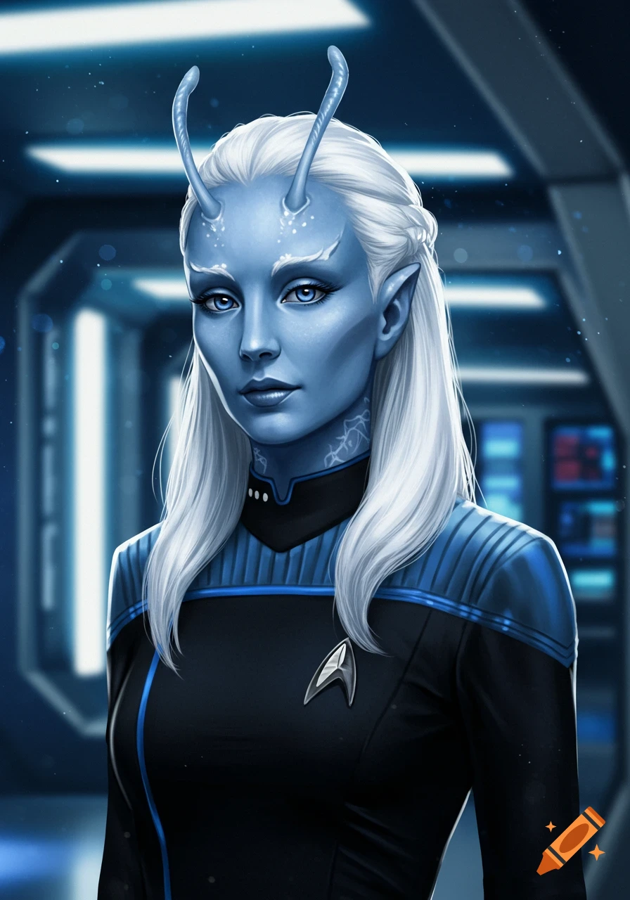 Digital painting of a blue-skinned, white-haired Andorian woman with antennae in a black and blue Starfleet uniform.